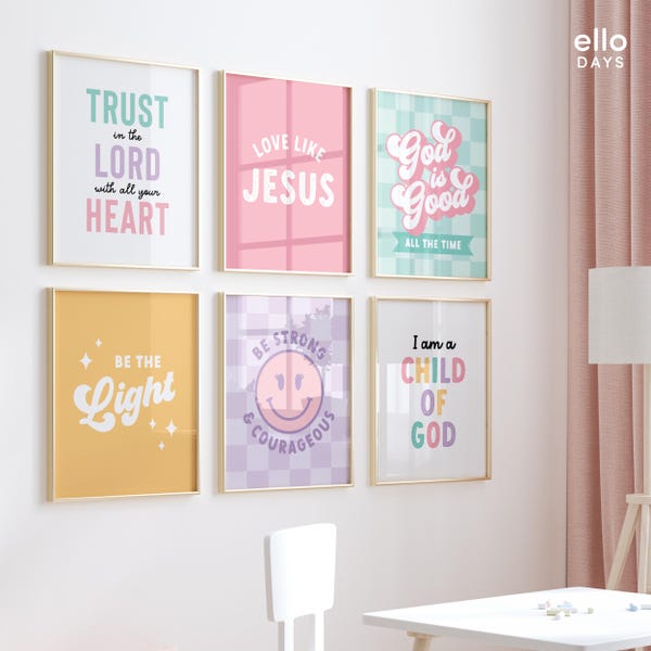 Kinder Bibel Vers Wandkunst 6er Set, Mädchen Raum Dekor Christliche Drucke, Schrift Wandkunst Modernes christliches Dekor, Mädchen Bibel Kindergarten
