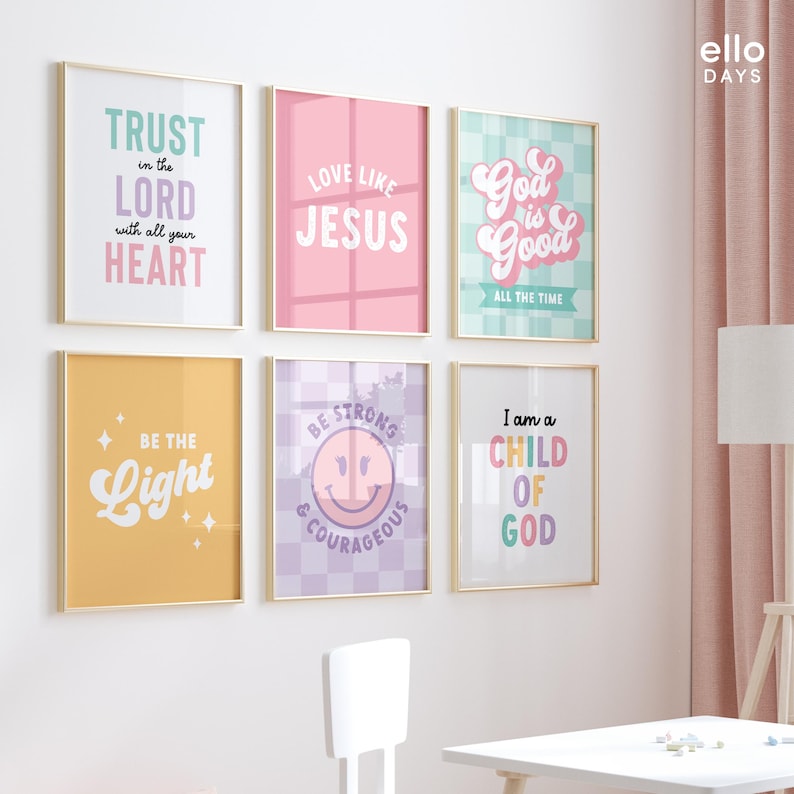 May include: Six framed prints with inspirational quotes and colourful designs. The prints feature phrases like "Trust in the Lord", "Love Like Jesus", "God is Good", "Be the Light", "Be Strong & Courageous", and "I am a Child of God".