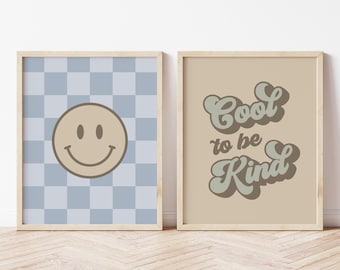 Boy Room Decor Prints, Kindness Poster, Smile Face Cool To Be Kind Wall Art Poster Set, Positive Affirmation Print, Teen Boy Room Decor