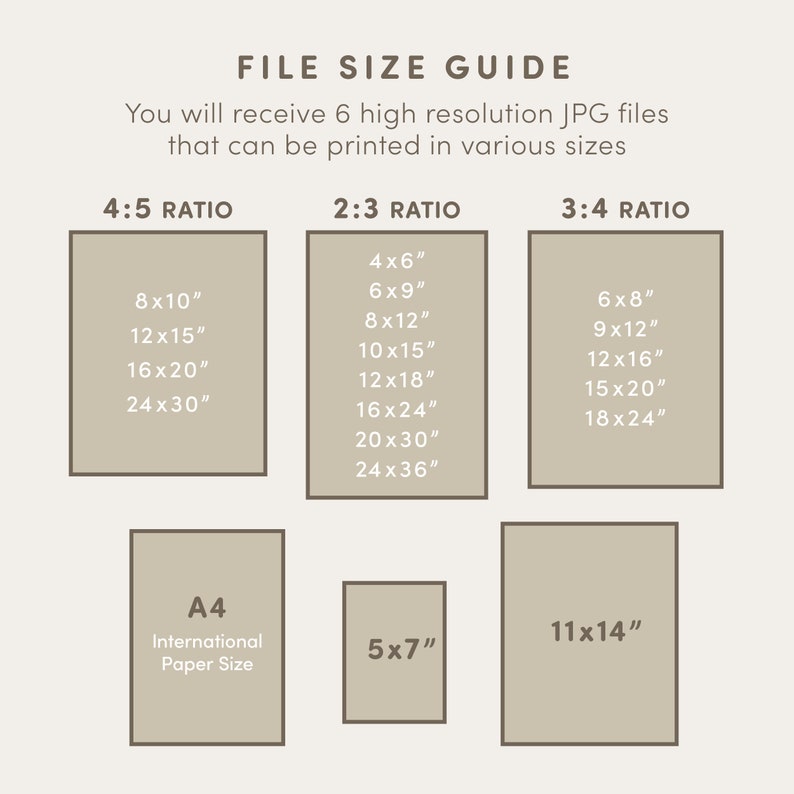 May include: A chart showing different aspect ratios for printing images. The chart includes the following ratios: 4:5, 2:3, and 3:4. The chart also includes the following sizes: 8x10, 12x15, 16x20, 24x30, 4x6, 6x9, 8x12, 10x15, 12x18, 16x24, 20x30, 24x36, 6x8, 9x12, 12x16, 15x20, 18x24, 5x7, 11x14, and A4.