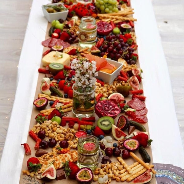 Template for long grazing table, charcuterie board or cheese platter for DIY catering events, bachelorette parties, birthdays, weddings.