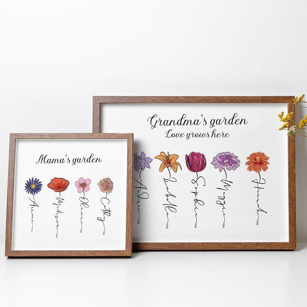 Custom Birth Month Flower Prints, Family Flower with Name Photo Frame, Birth Month Flowers with Grandkids Name, Gift for Grandma Mom