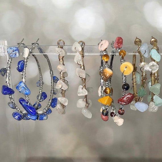 Wire Wrapped Crystal Chip Hoop Earrings/clear Quartz-lapis Lazuli