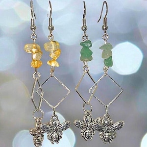 Silver crystal bee charm dangle earrings/Bee earrings/Citrine-Green aventurine