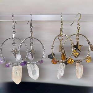 Wire wrapped Gold/Silver clear quartz chunk - Amethyst - Tigers eye star dangle hoop earrings / Witchy / Celestial