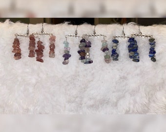 Silver *Crystal Bridge* earrings/Crystal chips-Glass beads/Strawberry Quartz-Fluorite-Lapis Lazuli