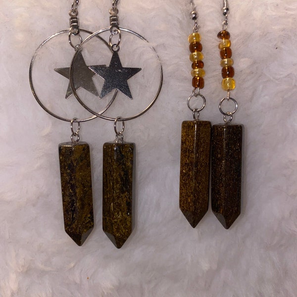 Silver Bronzite hexagon pendant glass bead dangle earrings / Witchy / Quartz earrings/Celestial