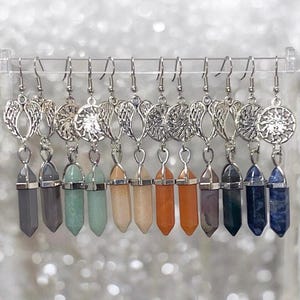Silver hexagon crystal sun & wing charm dangle earrings/Aventurine/Gray agate/Moss Agate/Sodalite