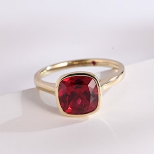 Solid Gold Bezel Cushion Cut Ruby Ring, July Birthstone Jewelry, Birthstone Ring, RS-RC-293