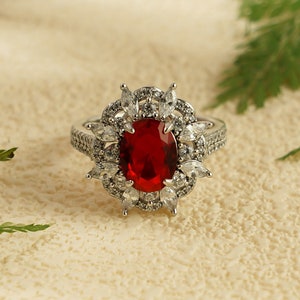 Lab Grown Oval Cut Ruby Engagement Ring/ 9K/14K/18K Solid Gold Multiple Diamond Cluster & Halo Ring/ Promise Ring/ Anniversary Gift for Her