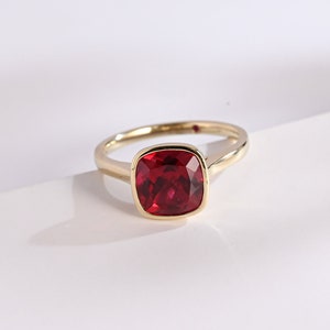 Solid Gold Bezel Cushion Cut Ruby Ring, July Birthstone Jewelry, RS-RC-293