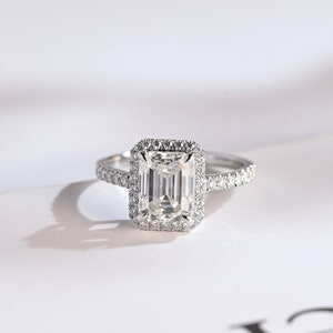 9K/14K/18K Solid Gold Emerald Cut Moissanite Engagement Ring/ Anniversary Gift/ Half Pave & Halo  Promise Ring for Women/ Handmade Ring