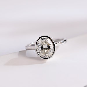 9K/14K/18K Solid Gold Solitaire Oval Cut Crushed Ice Moissanite Engagement Ring with Bezel/ Anniversary Gift/ Handmade Promise Ring for Her
