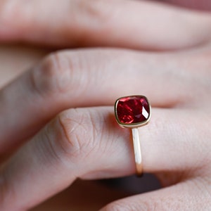 Solid Gold Bezel Cushion Cut Ruby Ring, July Birthstone Jewelry, Birthstone Ring, RS-RC-293
