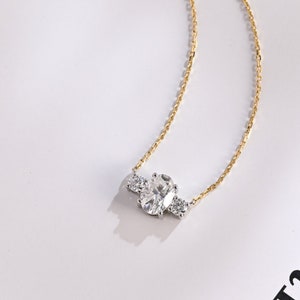 Delicate Oval & Round Cut Moissanite Pendant Necklace/ 9K/14K/18K Solid Gold Chain Necklace/ Valentine's Day Gift for Women/ Birthday Gift