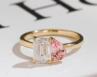 Solid Gold Toi et Moi Ring, Emerald Cut Moissanite & Pear Pink Sapphire Ring, RS-0409-7-B