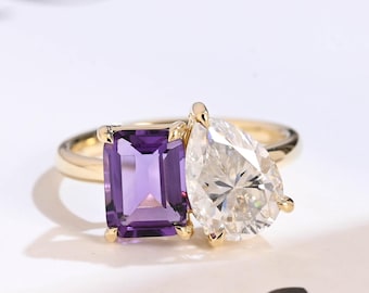 Solid Gold Toi et Moi Pear Moissanite & Emerald Amethyst Engagement Ring, RS-417C