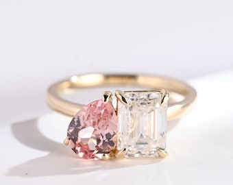 Solid Gold Toi et Moi Ring, Moissanite & Pink Sapphire Engagement Ring with Birthstone, RS-474