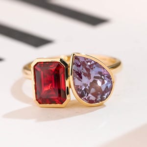 Solid Gold Toi et Moi Emerald Lab Ruby & Lab Pear Alexandrite Engagement Ring,Birthstone Ring, RS-0123-A1-A