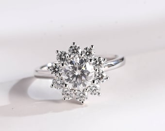 Unique Sunflower Ring/ Round Cut Moissanite Engagement Ring/ 9K/14K/18K Solid Gold Promise Ring for Her/ Anniversary Gift for Women