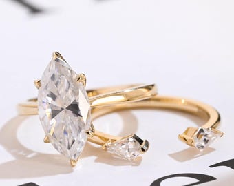Solid Gold Open Shank Band Tulip Set Marquise Cut Moissanite Wedding Ring Set, RS-820AB