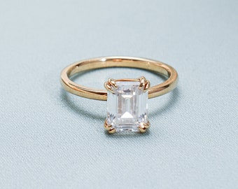 Emerald Cut Moissanite Engagement Ring/ Anniversary Gift/ 9K/14K/18K Solid Gold Promise Ring for Her/ Minimalist Double Claw Prong Ring