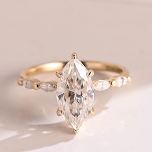 Solid Gold Marquise Cut Moissanite Engagement Ring with Hidden Halo, Promise Ring, RS-036