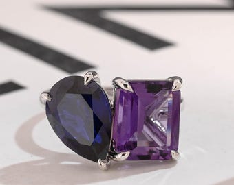 Solid Gold Toi et Moi Pear Lab Sapphire & Emerald Amethyst Engagement Ring, RS-0308-A1-D