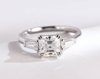 Solid Gold Asscher Cut Moissanite Engagement Ring, Three Stone Ring, RS-376