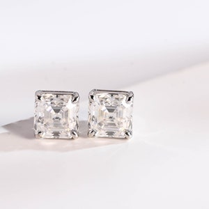 9K/14K/18K Solid Gold Daily Dainty Asscher Cut Moissanite Earrings Stud/ Anniversary Gift for Women/ Christmas Gift for Your Wife image 1