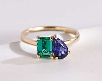 Toi et Moi Lab Grown Emerald & Lab Grown Pear Cut Sapphire Engagement Ring/ Solid Gold Two Stone Wedding Ring/ Birthday Gift for Her