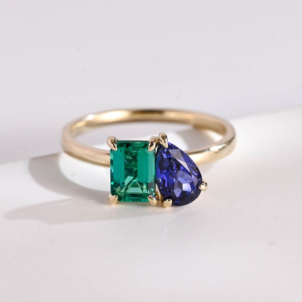 Toi et Moi Lab Grown Emerald & Lab Grown Pear Cut Sapphire Engagement Ring/ Solid Gold Two Stone Wedding Ring/ Birthday Gift for Her