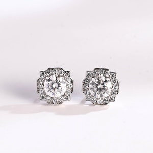 Solid Gold Dainty Halo Round Moissanite Earrings Studs, Gold Daily Earrings Studs, Anniversary/ Birthday Gift for Women, Her, Wife