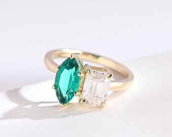 Toi et Moi 14K Solid Gold Marquise Cut Emerald & Emerald Cut Moissanite Engagement Ring/ Two Stone Wedding Ring/ Christmas Gift for Her