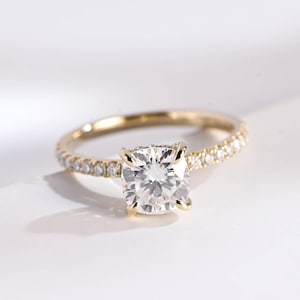 Cushion Moissanite Engagement Ring/ Solitaire Half Pave & Hidden Halo Ring/ Anniversary Gift/ 9K/14K/18K Solid Gold Promise Ring for Her image 1