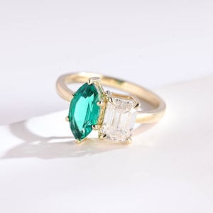IGI Certified Toi et Moi Marquise Cut Lab Grown Emerald & Emerald Cut Lab Grown Diamond Engagement Ring, Solid Gold D/VS1 Diamond Ring