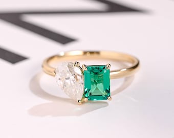 Solid Gold Toi et Moi Ring, Moissanite & Emerald Engagement Ring with Birthstone, Gifts for Her, RS-474