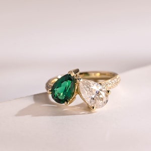 IGI Certified Toi et Moi Pear Lab Grown Emerald & Pear Lab Grown Diamond Engagement Ring, Solid Gold D/VS1 Diamond Two Stone Ring