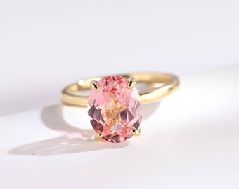 Solid Gold Solitaire Floral Lab Grown Oval Cut Pink Sapphire Engagement Ring, Art Deco Ring, Promise Ring, Anniversary Gift for Woman, Wife