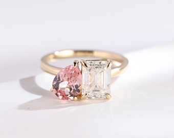 Toi et Moi Moissanite & Pink Sapphire Ring, 14K Solid Gold, Emerald and Pear Cut, Double Stone Engagement Ring, Gift for Girlfriend