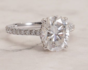 9K/14K/18K Solid Gold Oval Cut Moissanite Engagement Ring/ Anniversary Gift/ Eternity Pave & Hidden Halo Promise Ring for Women