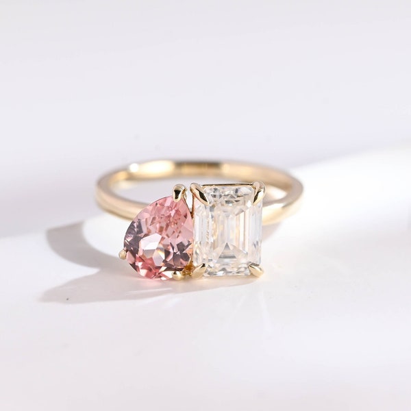 Toi et Moi 14K Solid Gold Emerald Cut Moissanite & Pear Cut Pink Sapphire Engagement Ring/ Double Stone Wedding Ring/ Gift for Girlfriend