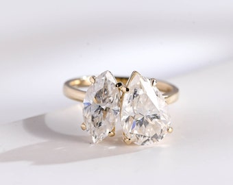 9K/14K/18K Solid Gold Toi et Moi Pear & Marquise Moissanite Engagement Ring/ Two Stone Wedding Ring/ Double Stone Ring/ Christmas Gift