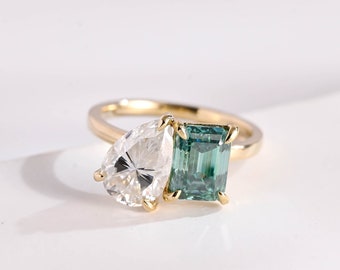 Toi et Moi Solid Gold Emerald Cut Green Moissanite & Pear Cut Moissanite Engagement Ring/ Double Stone Wedding Ring/ Birthday Gift for Wife