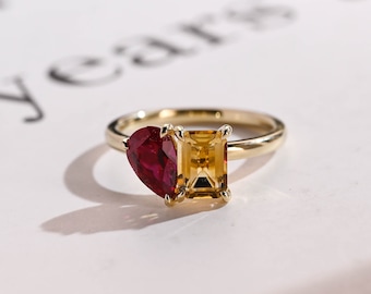 Toi et Moi Birnenschliff Rubin und Smaragdschliff Citrin Verlobungsring, solidem Gold zwei Stein Ehering, Geburtstagsgeschenk für Sie