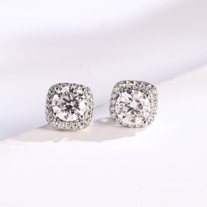 Solid Gold Round Cut Moissanite Earrings Stud with Halo/ Anniversary Gift for Women/ Christmas Gift for Her/ Birthday Gift/ Art Deco Stud