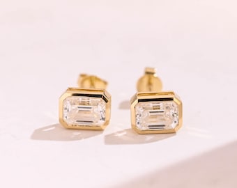 14K Solid Gold Bezel Emerald Moissanite Earrings Studs, Gold Earrings Studs, Anniversary/ Birthday Gift for Women, Her, Wife