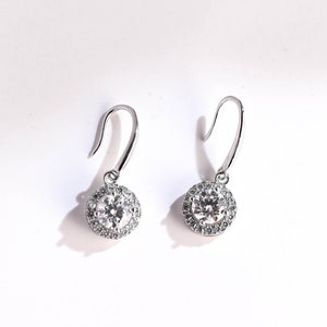 Solid Gold Minimalist Dangle Halo Round Moissanite Earrings Studs, Dainty Earrings Studs, Anniversary/ Birthday Gift for Women, Her, Wife
