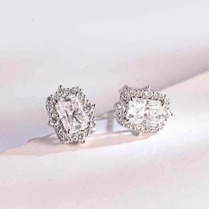 Solid Gold Daily Dainty Halo Radiant Moissanite Earrings Studs, Gold Earrings, Anniversary/ Birthday Gift for Women, Her, Wife