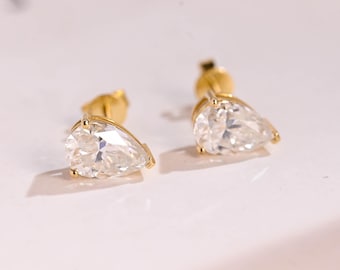 9K/14K/18K Solid Gold Daily Dainty Pear Moissanite Stud Earrings, Anniversary Gift for Women, Tear Drop Earrings/ Jewelry Gift for Her, Wife